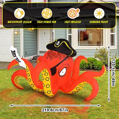 Halloween Inflatable Octopus Pirate Lighted Decor - 7.2 ft Spooky Yard Decoration