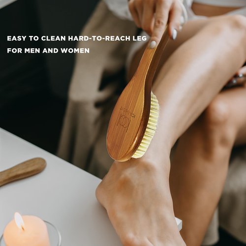 ICANdOIT-17.71Inch Natural Boar Bristles Anti-Slip Curved Long Handle Bath Brush,Bent Handle Shower Scrubber for Exfoliating,Shower Back Brush