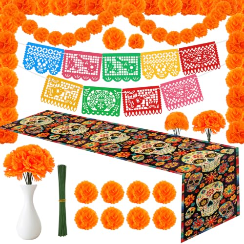 Day of the Dead Decorations Set with Sugar Skull Table Runner and Marigold Flowers