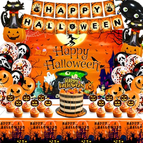 Halloween Party Decorations Set Pumpkin Theme with Banner Balloons & Cake Toppers