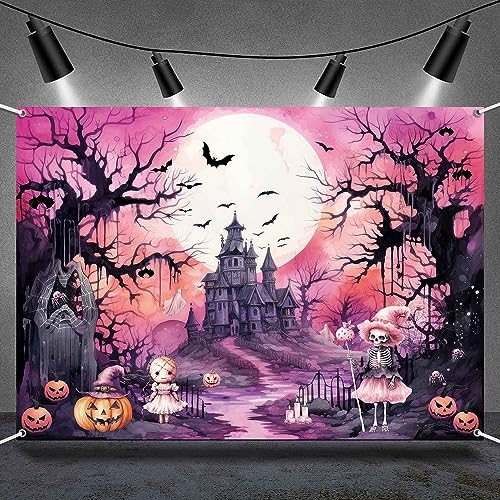 Pink Black Halloween Backdrop Banner 8x6ft for Party Photo Booth Decorations - Girls Kids - Pink Black / 8x6ft