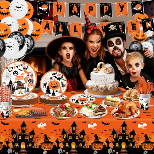 Halloween Party Supplies Set - 148 Pcs Pumpkin Theme Plates Cups Cutlery Balloons Banner