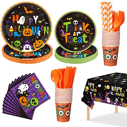 Halloween Party Supplies Tableware Set for 24 Guests - Disposable Plates Napkins Cups & More
