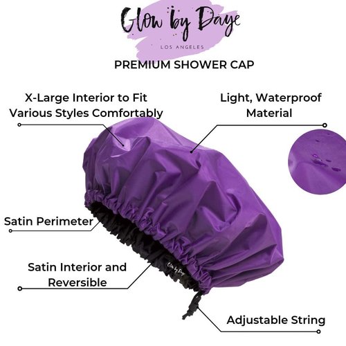 Glow by Daye Satin Lined Shower Cap - Adjustable Waterproof Hair Protection | Large, Purple Rain