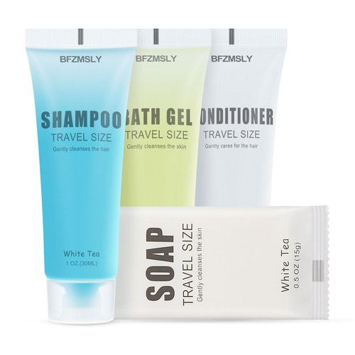 20 Sets Hotel Toiletries Set Bulk, 80 Pcs Travel Mini Bundle Amenities with Shampoo, Conditioner, Body Wash & Bar Soap - White Tea Scent - Guest Supplies for Airbnb, Motel, Hospitality