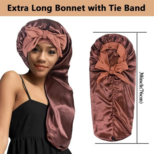 2pcs Long Satin Bonnets with Tie Band, Large Braid Bonnet Silky Hair Cap for Locs Women Sleeping, E