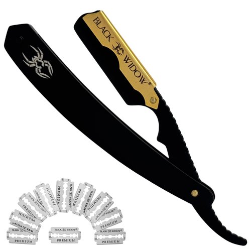 Black Widow Professional Straight Razor – Matte Black & Gold Barber Razor for Men – 1.5 mm Exposure, Swing Lock Grip, Stainless Steel Shavette for Barbers & Beginners pack of 10 blades