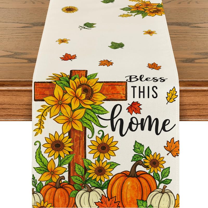 Fall Pumpkin Cross Table Runner 13x72 Inch Autumn Home Decor for Dining