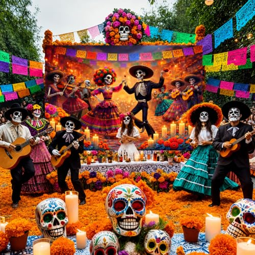 AIBIIN Day of the Dead Photo Backdrop Banner 6x3.6ft - Orange