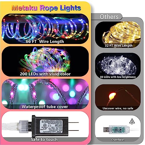 66ft 200 LED Color Changing Rope Lights - Waterproof Outdoor String Lights with Remote