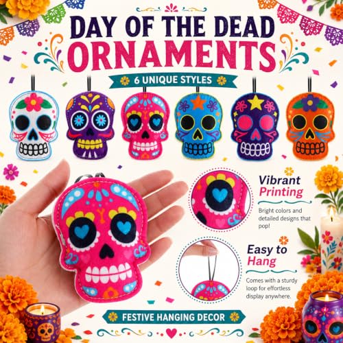 12 Pack Felt Dia De Los Muertos Skull Ornaments for Tree Decoration