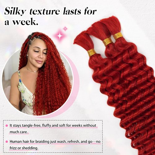 18 Inch Deep Wave Human Braiding Hair for Boho Braids – 50g 1 Bundles/Pack Red 100% Unprocessed 12A Brazilian Virgin Human Hair Bulk, No Weft, Wet & Wavy Curly Extensions