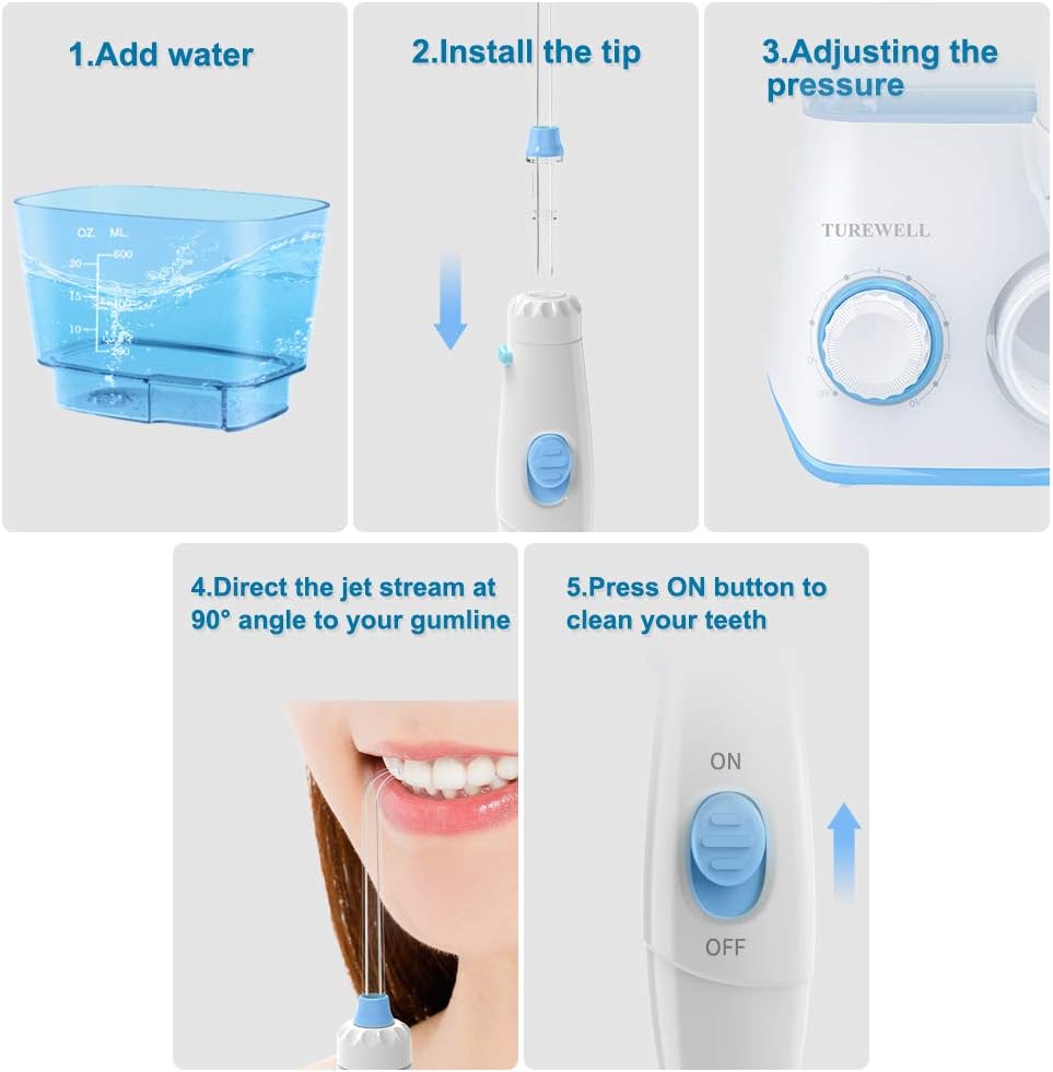 TUREWELL Water Flosser - 600ML Electric Oral Irrigator with 10 Pressure Settings & 8 Tips | Family Use (White)
