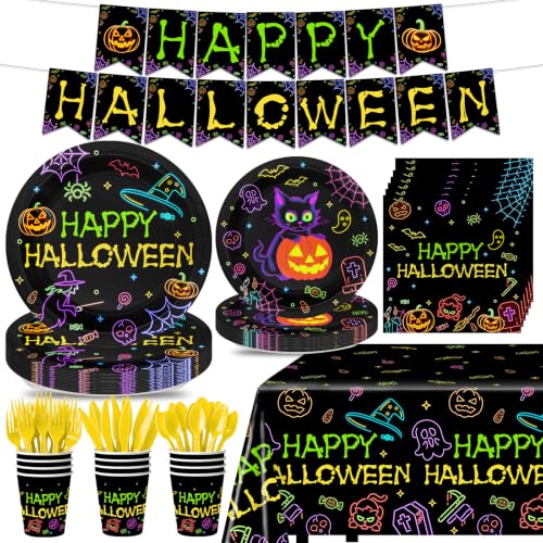 Neon Halloween Party Tableware Set - 170 Pieces for 24 Guests