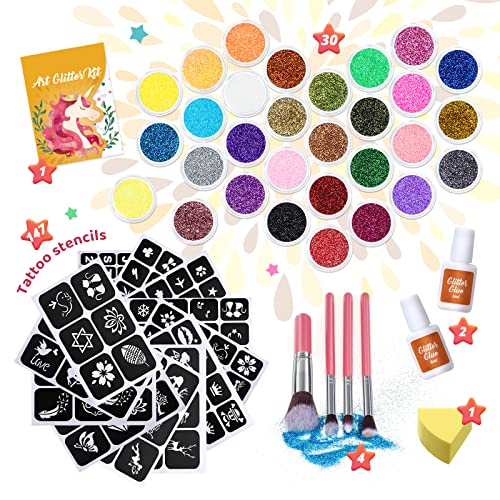 Glitter Tattoo Kit with 30 Colors & 147 Templates for Kids - Reusable, Waterproof, Safe Face & Body Glitter Set