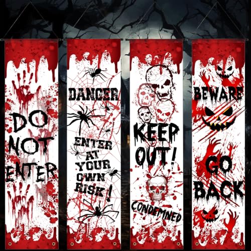 Halloween Horror Warning Banner - Red Warning Signs for Party Decor