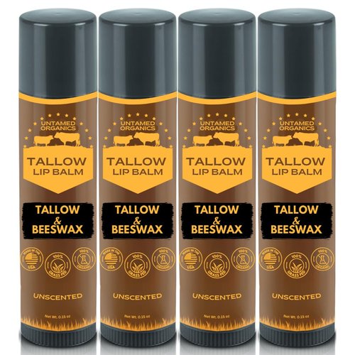 Untamed Organics Pure Tallow Lip Balm | 100% Grass-Fed Beef Tallow and Organic Beeswax | Moisturizing Lip Care for Dry, Chapped Lips | Hypoallergenic, Fragrance-Free | Handcrafted in USA | 4-Pack