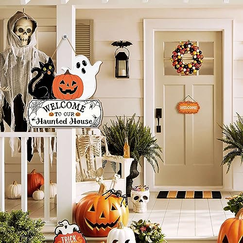 Halloween Door Hanging Sign - Welcome Ghost, Black Cat, Pumpkin Wood Decor for Haunted House & Party