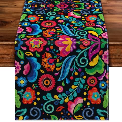 Mexican Fiesta Table Runner - Cinco De Mayo & Día De Los Muertos Rustic Linen Decor - 13x72 Inches - Miucat