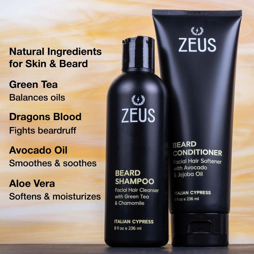 ZEUS Beard Wash Set for Men, Shampoo & Conditioner Duo with Green Tea & Essential Oils, Hydrates, Softens & Strengthens Beard Hair (Made in USA) Vanilla Rum
