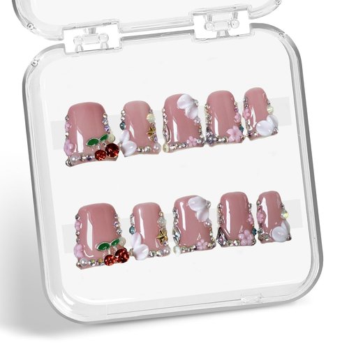 Duck Press on Nails Duck Handmade Press on Nails 3D Luxury Rhinestone Cherry and Pearl Acrylic Fake Nails Designs Flower Stick on Nails Full Cover Thickened False Nails for Women Nail Art DIY（M)
