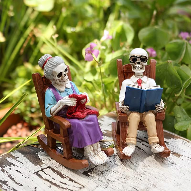 Set of 2 Gothic Skeleton Rocking Chair Tabletop Decorations for Halloween & Home