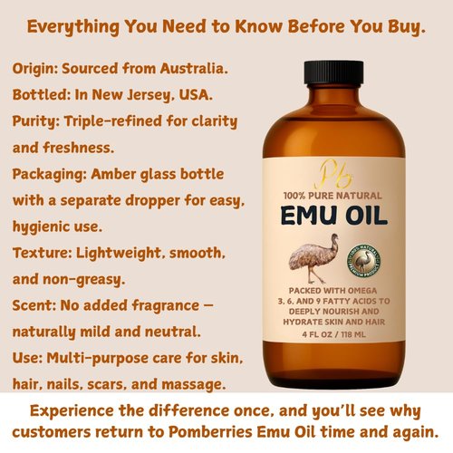 Pomberries Emu Oil, 100% Pure Australian Emu Oil – Refined & Unscented – Natural Moisturizer for Hair, Skin, Face & Body – Helps with Scars, Dry Skin & Massage – 4 fl oz Glass Bottle