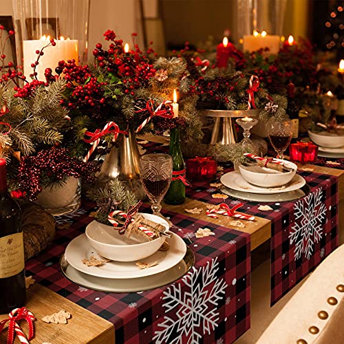 13 x 90 Inch Christmas Table Runner - Red Black Buffalo Plaid Snowflake Decor