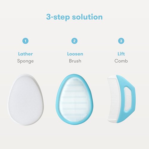 Frida Baby Cradle Cap System - 3-Step FlakeFixer Kit with Sponge, Brush, Comb & Storage Stand | Medicine Pacifier & Syringe Included