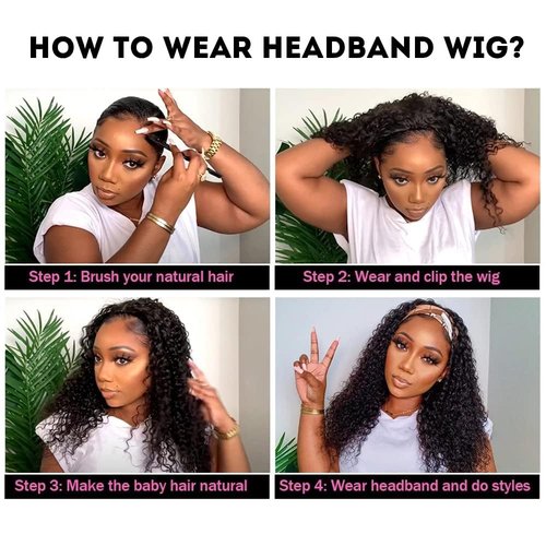 Celiarita Deep Wave Headband Wig Human Hair 12inch None Lace Front Wigs Brazilian Virgin Hair Machine Made Wigs Glueless Deep Curly Wave Headband Half Wigs for Black Women Human Hair Natural Color