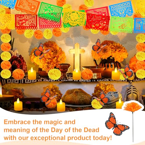 Day of the Dead Decoration Set with Marigolds Butterflies Candles Banner - Dark Orange & Yellow