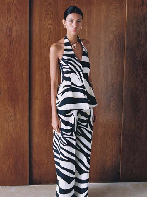 Skiennix 2-Piece Women's Zebra Print Outfit - Halter Top & Wide Leg Pants for Summer Vacation