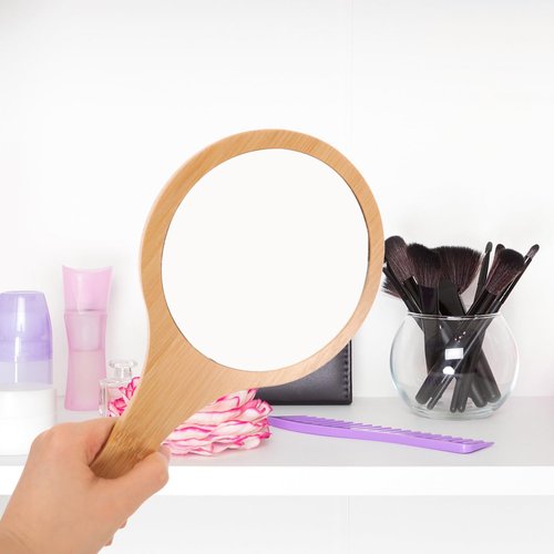 NOLITOY Small Bamboo Hand Mirror, 5.3in* 10in Portable Single Side Handheld Vanity Mirror with Wooden Frame Travel Makeup for Women and Girls