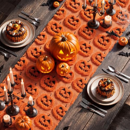 Halloween Pumpkin Table Runner 13x72 Plush Faux Fur Jacquard Decor