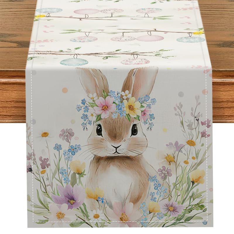 Easter Table Runner Floral Bunny and Hanging Eggs - Spring Farmhouse Decor, 13x72 Inches - Easter Floral Bunny Variation