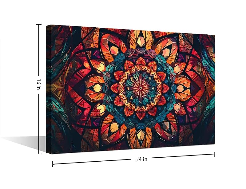 Canvas Wall Art - Mandala Stained Glass Window Design - 24x16 in - Framed Home Decor - Variation-02