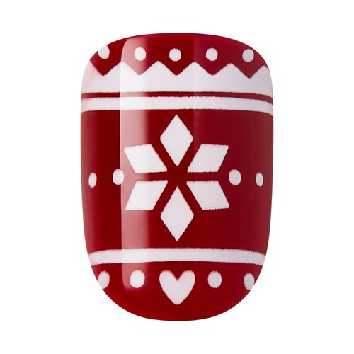 KISS imPRESS Holiday Press On Nails, ‘Feelin' Festive’, Red, Short Squoval, 3D Effect, Improved Super Hold Adhesive, 30 Fake Nails, Prep Pad, Mini Nail File, & Manicure Stick