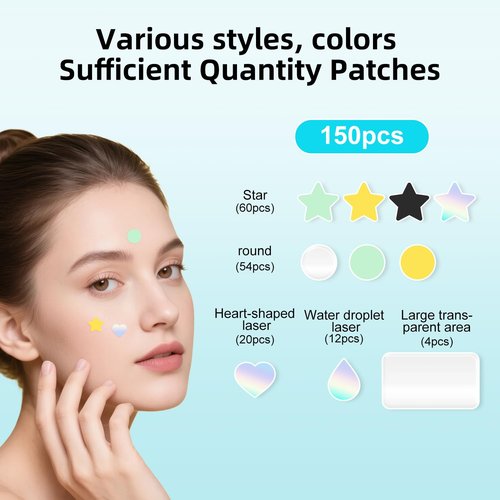 Pimple Patches for Face, Various styles, colors, Large Hydrocolloid Pimple Patches, 150 Count Pimple Patche, Good for blemishes with a head and visible gunk, With a Cute mirror case