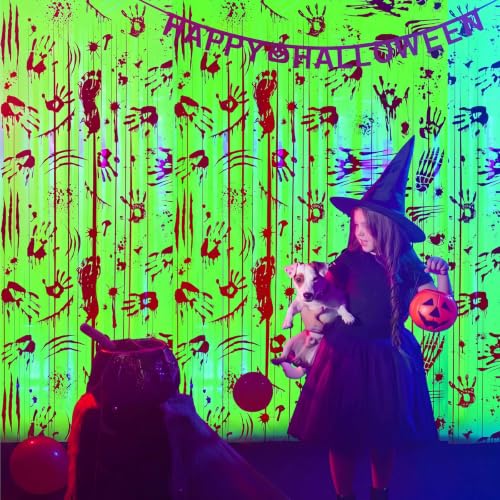 Halloween Bloody Handprint Backdrop Decoration 6.6ft UV Glow-In-The-Dark