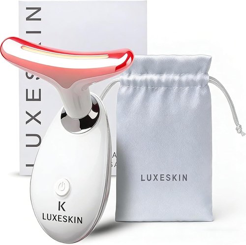 LuxeSkin 7 Color LED Red Light Therapy Facial Massager for Face and Neck, Electric Facial Tool for Skin Care with Vibration, Warm Mode & Travel Bag