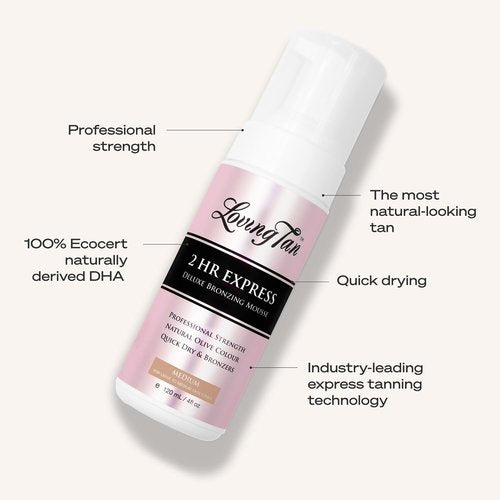 Loving Tan 2 HR Express Self Tanning Mousse - Streak-Free, Natural Finish | Medium, 4 FL Oz - Professional Quality