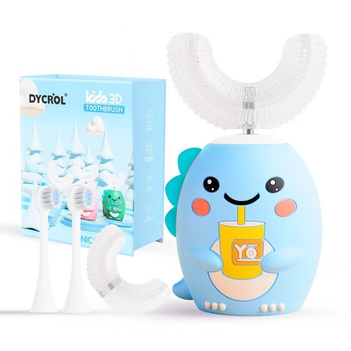 DYCROL Kids U Shaped Electric Toothbrush with 4 Brush Heads, Sonic Toothbrush Kids with 5 Modes, Cartoon Dinosaur 360-Degree Cleaning IPX7 Waterproof Design (6-12 Age (Blue))
