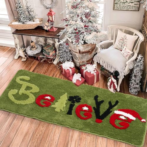 Green Christmas Believe Runner Rug with Snowflakes and Reindeer - Non-Slip Winter Decor, 47x20 inches