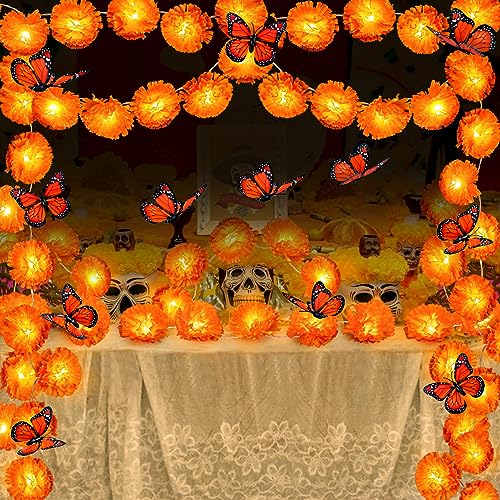 Orange Day of the Dead Decor Set with Lighted Marigold Garlands & Butterflies - 4 Pieces