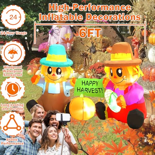 6 FT Fall Inflatable Scarecrow and Pumpkin Outdoor Decor - Built-in LED Lights