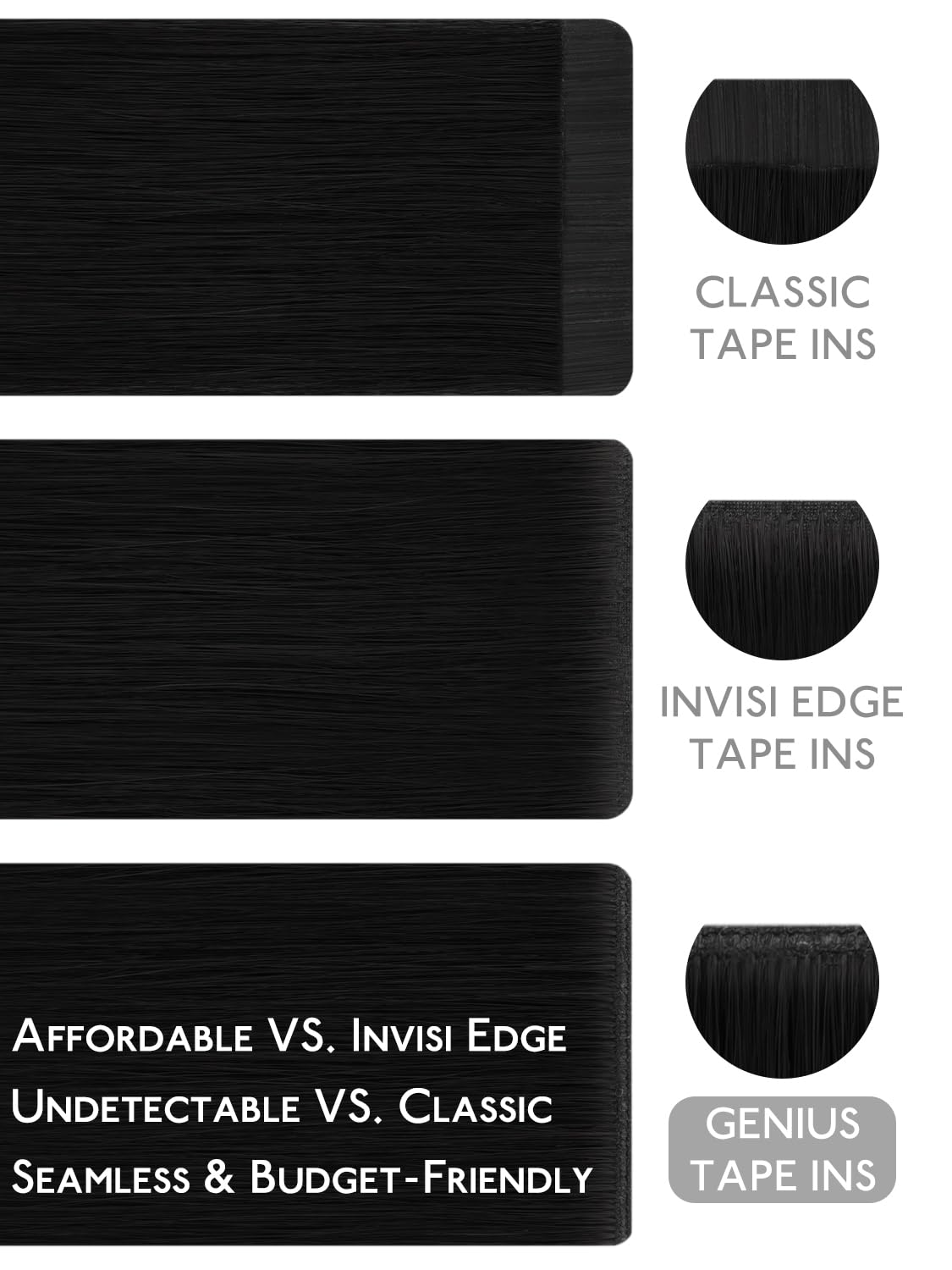 WENNALIFE Genius Seamless Tape in Hair Extensions Real Human Hair, 16 Inch 50g 20 pcs Jet Black Tape in Hair Extensions Remy Human Hair Luxury Invisible Straight Hair Hand Tied Inspired Edge Tape ins