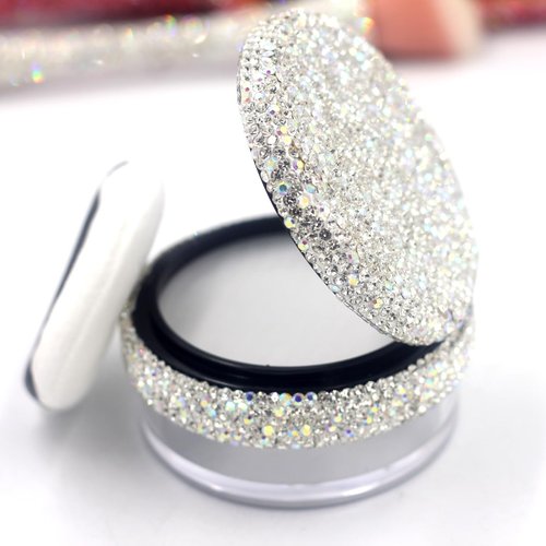 Bestbling Bling Rhinestone Refill Loose compact Powder Container - 20g Capacity, Elastic Mesh, No Powder Leakage, Includes Powder Puff, Versatile Cosmetic Storage, Powder Dispenser (Silver)