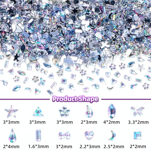 Mini Nail Stones and Gems Set 2-AB Colors - 2000 Pcs Multi-Shape Nail Art Rhinestones