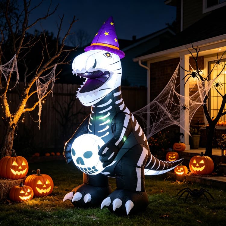 Halloween Inflatable Skeleton Dinosaur with Witch Hat - Curved Light Up Yard Decoration