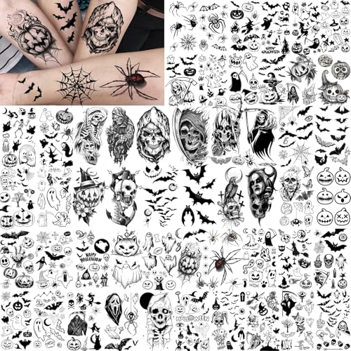Halloween Temporary Tattoos Skull Design for Kids & Adults - 52 Sheets, Waterproof, 3D Face & Body Stickers, Spooky Face Skull Variation